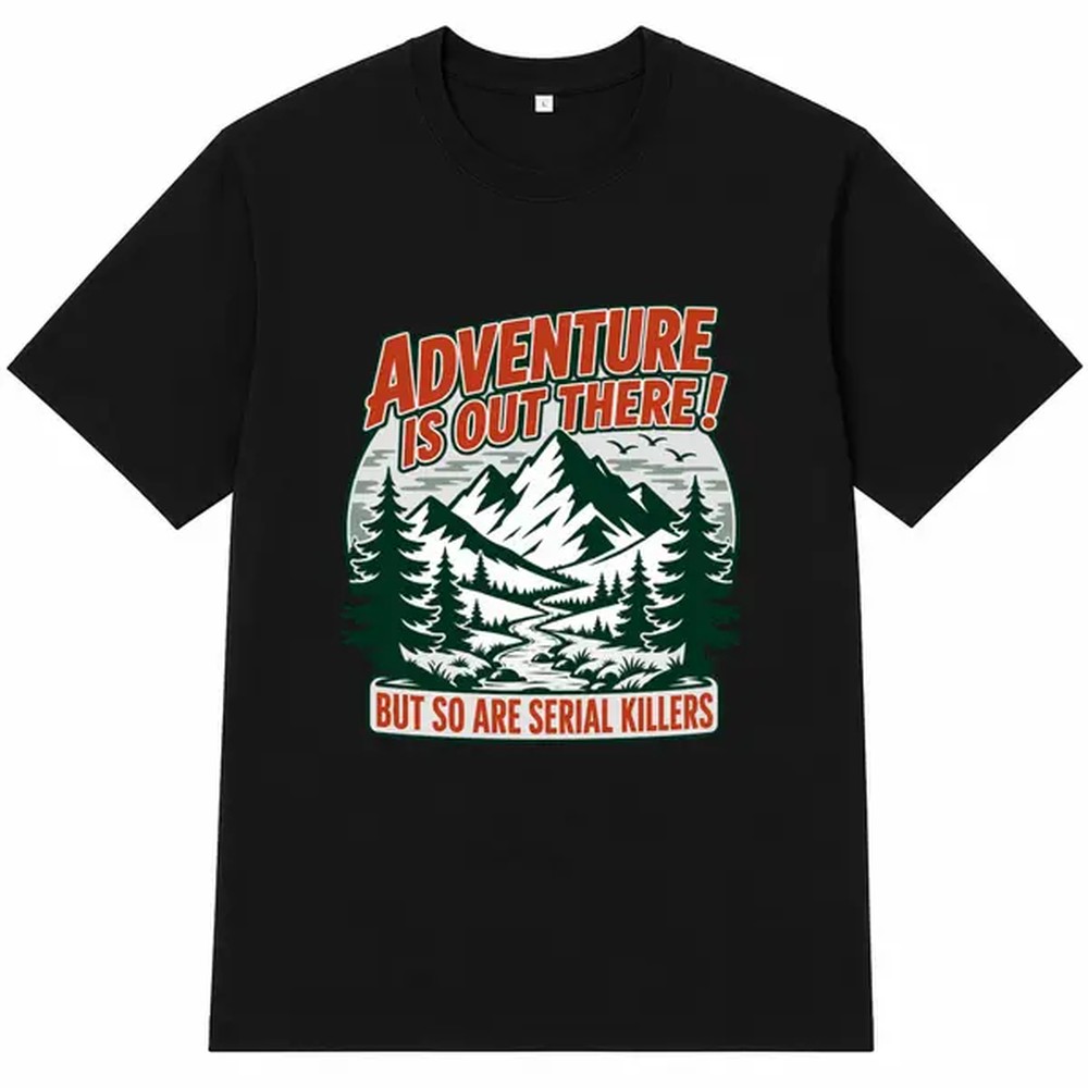 Outdoor Adventure Gifts - Czarna koszulka z nadrukiem przygodnickim, unisex,
